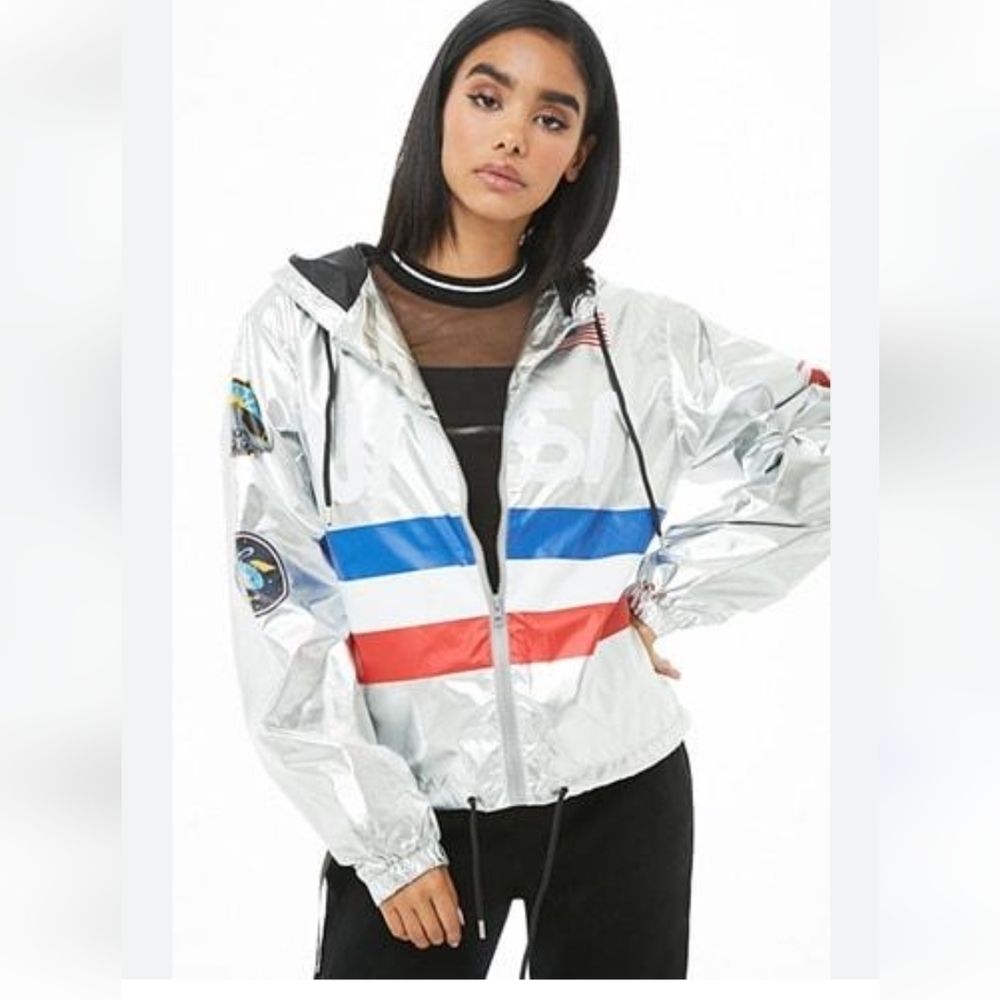 Forever 21 Nasa Graphic Metallic Windbreaker Silver woman's size S